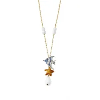 Picture Unusual necklace 18K gold-plated silver White and blue rhinestones Orange nail polish White agate stones