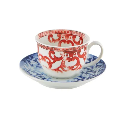 Zdjęcie Stylowa filiżanka do kawy ze spodkiem z porcelany Timeless z geometrycznym czerwono-granatowym zdobieniem - Vista Alegre