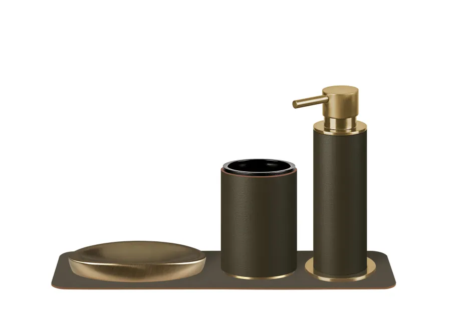 obrazek 2 Oliwkowy złocony dozownik Ø7xH19 cm ze skórzanym wykończeniem