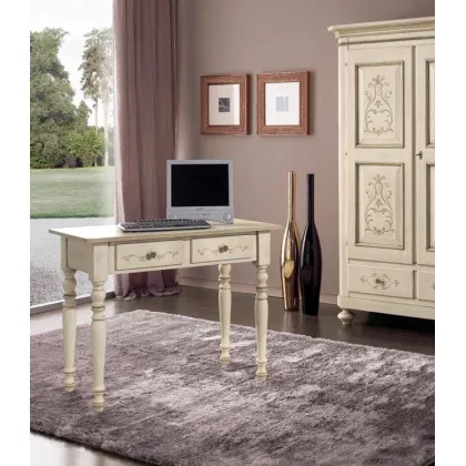 Zdjęcie Biurko z 2 szufladami ozdobione antycznym wykończeniem w kolorze kości słoniowej i zielonymi ornamentami - Zanini