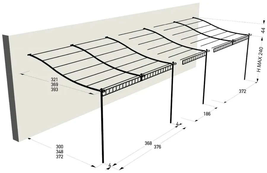 obrazek 3 Podwójne przedłużenie przyściennej pergoli Tibisco 372×369 cm bez zadaszenia do ogrodu