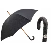 Zdjęcie Klasyczny czarny parasol męski w drobne kwadraciki ze skórzaną rączką - Pasotti