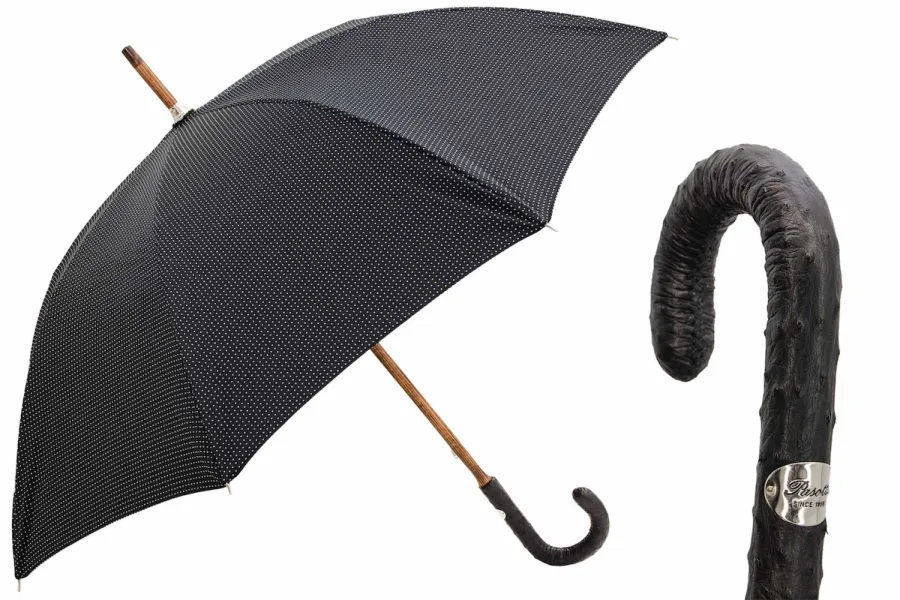 obrazek 1 Klasyczny czarny parasol męski w drobne kwadraciki ze skórzaną rączką - Pasotti