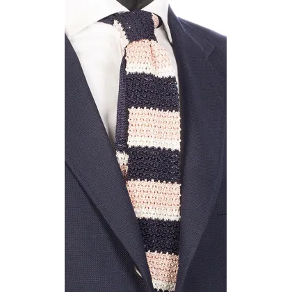 Zdjęcie Męski trykotowy krawat w paski w kolorze kości słoniowej i granatowym