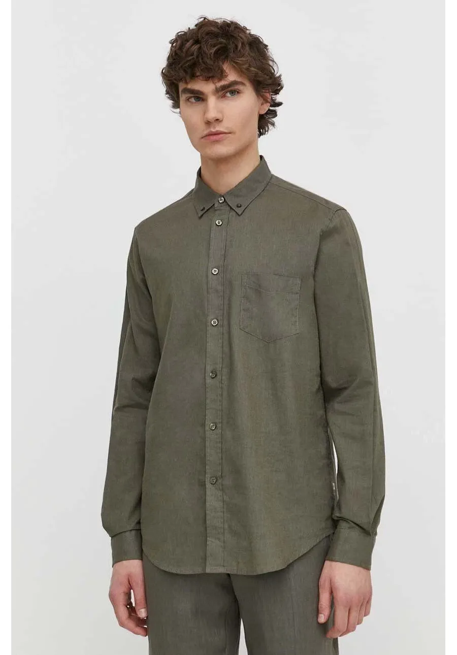 obrazek 1 Samsoe Samsoe koszula lniana męska kolor zielony regular z kołnierzykiem button-down