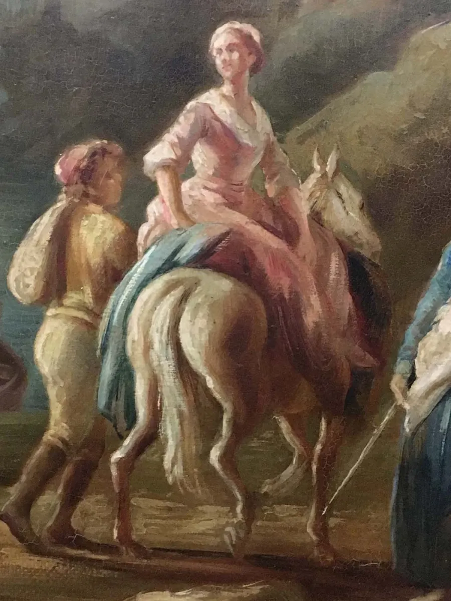 obrazek 9 Zjawiskowy obraz na płótnie z krajobrazem i postaciami 90x110 cm - Angelo Granati