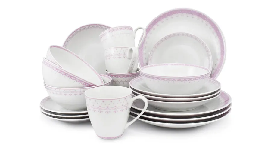 obrazek 1 Stylowa 20-częściowa zastawa obiadowa z porcelany w kolorze różowym z delikatnym zdobieniem – Leander