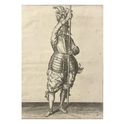 Picture An antique engraving of a soldier from the 17th century