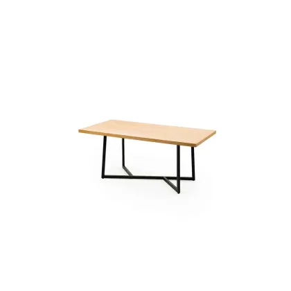 Picture Rectangular dining table with wooden top and black iron base