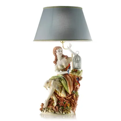 Zdjęcie Lampa w stylu barokowym – figurka dziewczyny z ptakami i klatką – Ceramiche ML