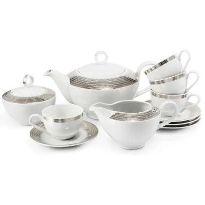 Zdjęcie Nowoczesny 11-elementowy zestaw do herbaty z porcelany ze srebrnym zdobieniem z kolekcji Angel wings – Leander