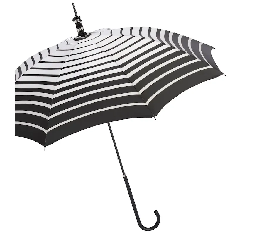 obrazek 7 Stylowy parasol damski w czarne poziome paski ze skórzaną czarną rączką – Pasotti