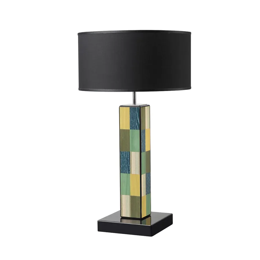 obrazek 2 Elegancka lampa stołowa z ciemnym kloszem z drewna i inkrustowanego forniru