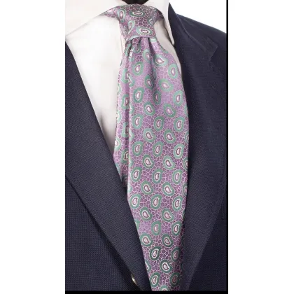 Zdjęcie Piękny, liliowy krawat w łuski i z szarym wzorem paisley