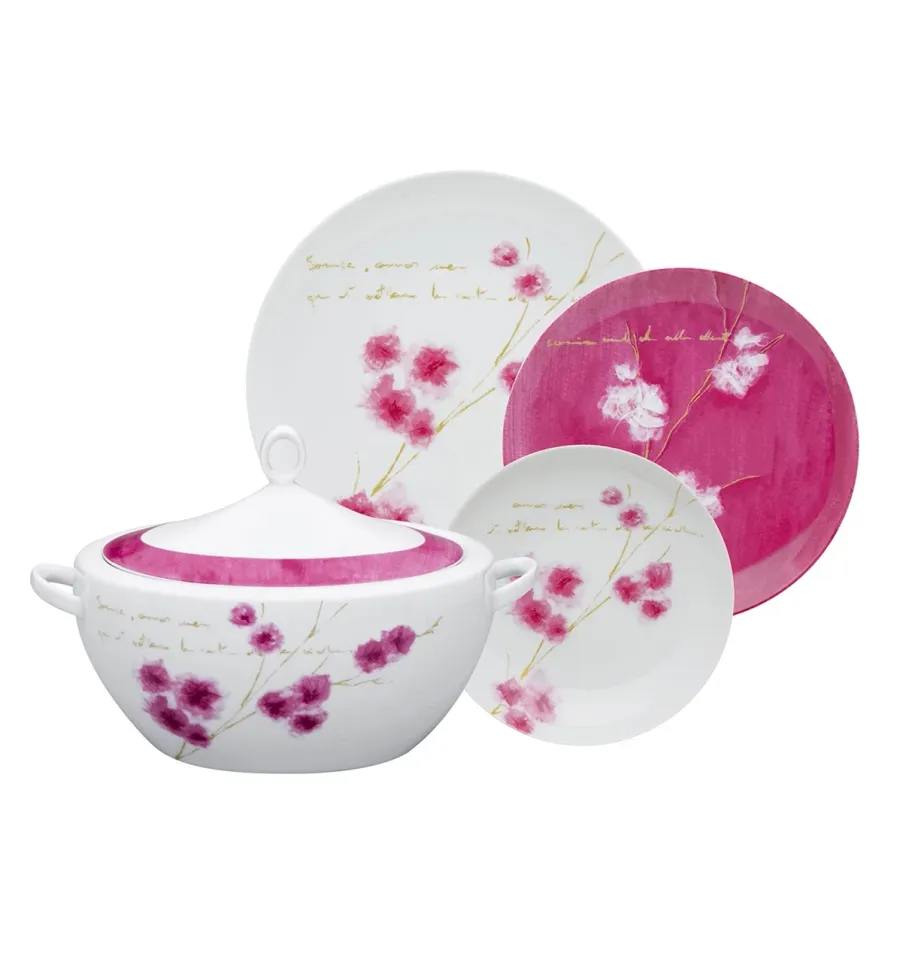A large white and pink 70 element dinner set from the Arigato collection inspired by oriental motives Vista Alegre