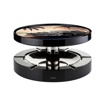 Picture Elegant black ashtray made of wood, stainless steel and glass