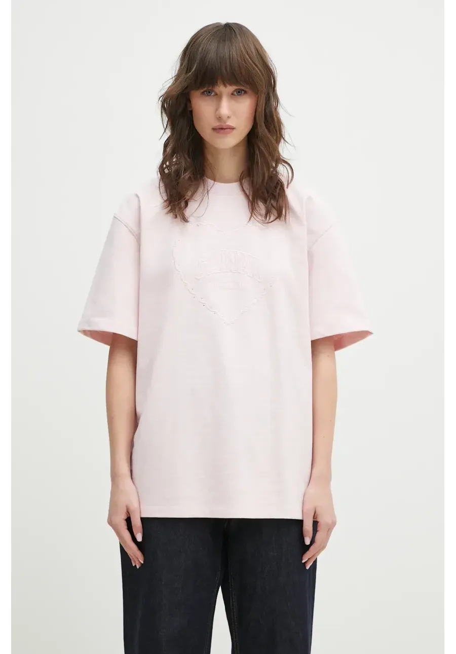 obrazek 1 GANNI t-shirt bawełniany Heavy Cotton Drop Shoulder Heart damski kolor różowy T4090