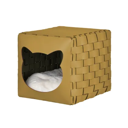Zdjęcie Wyjątkowy skórzany domek dla kota 35x40x35 cm w kolorze musztardowym