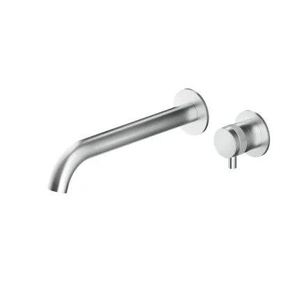 Zdjęcie Unikalna dwuotworowa bateria ścienna z radełkowanym uchwytem i jednostką montażową do łazienki