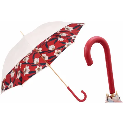 Zdjęcie Elegancki parasol damski w kolorze kości słoniowej i czerwonym zdobiony pięknymi kwiatami – Pasotti