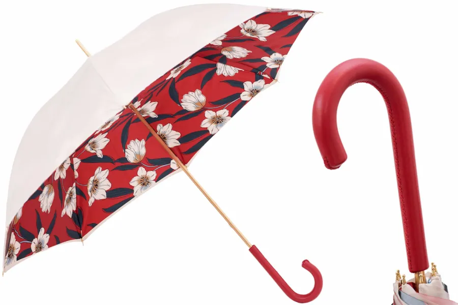 obrazek 1 Elegancki parasol damski w kolorze kości słoniowej i czerwonym zdobiony pięknymi kwiatami – Pasotti