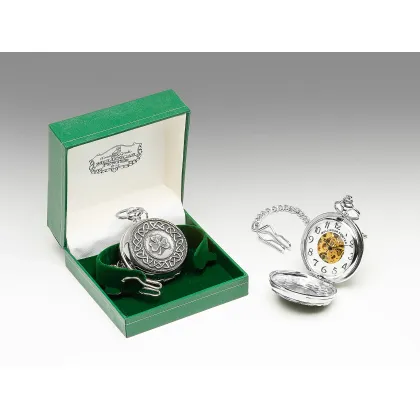 Zdjęcie Prestiżowy męski mechaniczny zegarek kieszonkowy z pewteru zdobiony motywem koniczyny