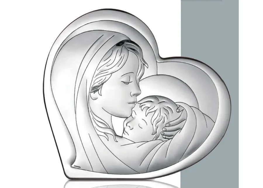 obrazek 1 Ekskluzywny srebrny obrazek w kształcie serca 20х18,1 cm przedstawiający Madonnę z dzieciątkiem
