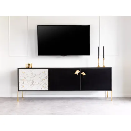 Zdjęcie WYPRZEDAŻ 50% !!!Elegancka komoda RTV  wykonana z forniru, mosiądzu i ekskluzywnych tkanin - Spilla in Marmo