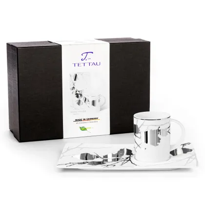 Zdjęcie Niepowtarzalny zestaw - kubek z podstawką zdobiony srebrnym wzorem – Tettau