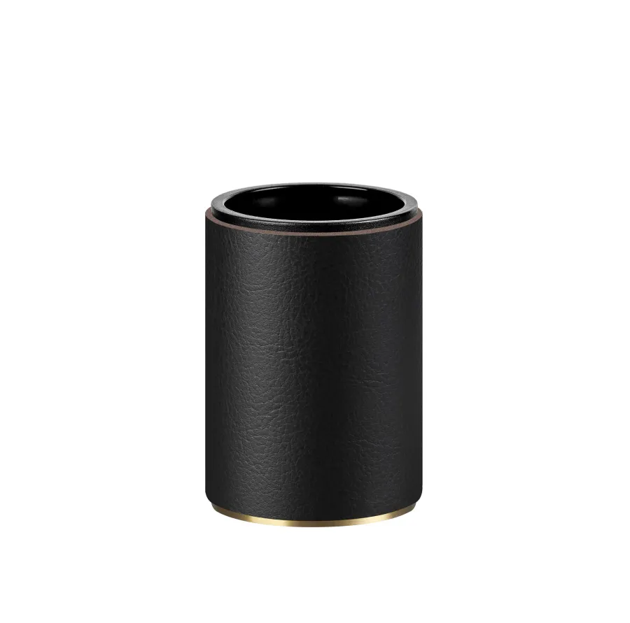 obrazek 1 Stylowy czarny skórzany uchwyt na kubek ze złotym matowym wykończeniem