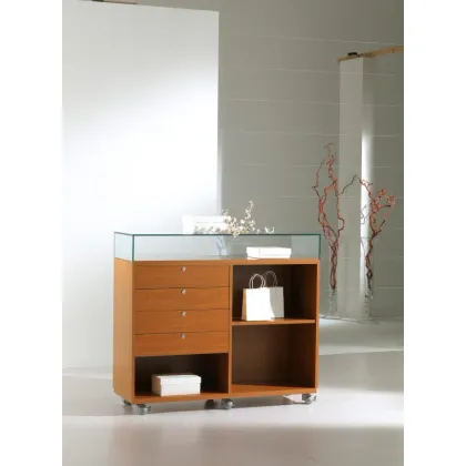 Picture Stylish wooden display counter with four drawers on wheels