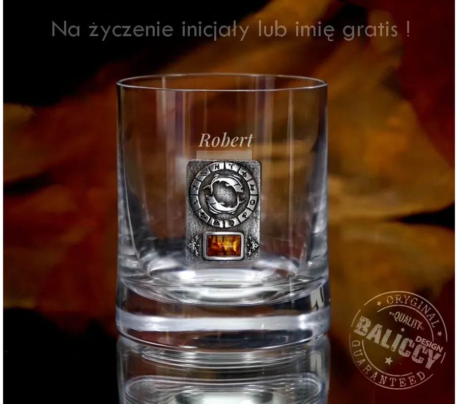 obrazek 6 Szklanka do whisky z bursztynem - znak zodiaku Ryby