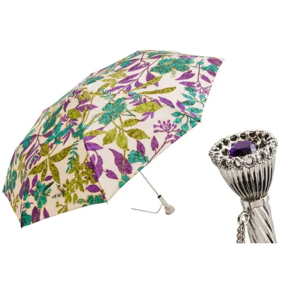 Zdjęcie Piękny stylowy parasol damski zdobiony oryginalnym wielokolorowym roślinnym motywem - Pasotti