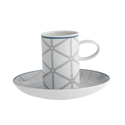 Zdjęcie Porcelanowa filiżanka do kawy ze spodkiem Orquestra z geometrycznym wzorem i niebieskim wykończeniem - Vista Alegre
