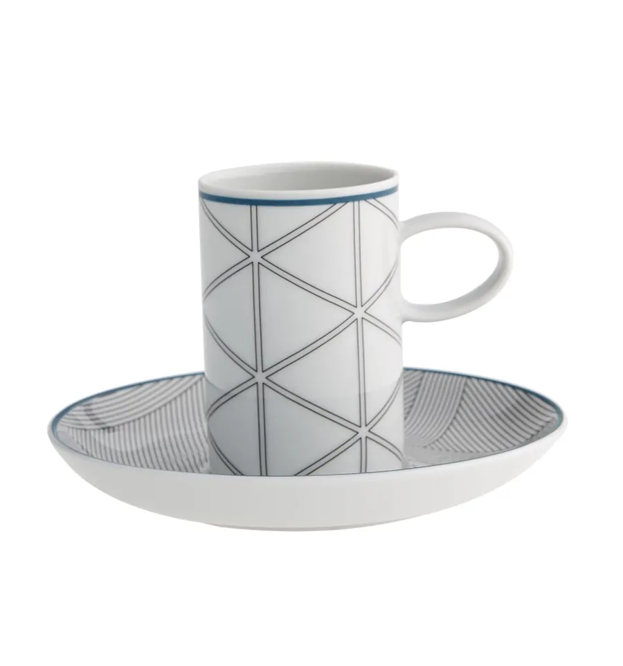 obrazek 1 Porcelanowa filiżanka do kawy ze spodkiem Orquestra z geometrycznym wzorem i niebieskim wykończeniem  - Vista Alegre