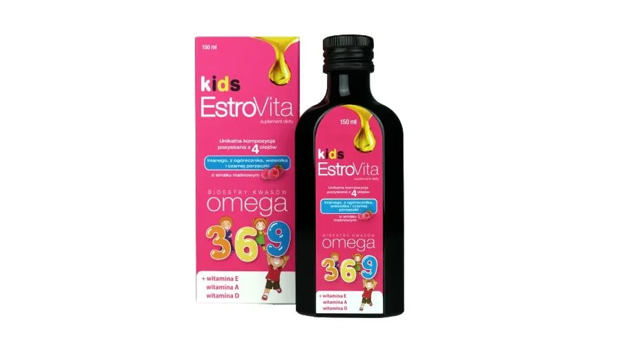 obrazek 1 EstroVita Kids, Bioestry kwasów Omega 3-6-9, Płyn o smaku malinowym 150 ml Estrovita
