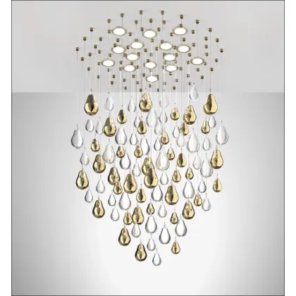 Zdjęcie Luksusowy współczesny żyrandol z przezroczystymi kropelkami szkła Murano i detalami z 24-karatowego złota - Il Paralume Marina