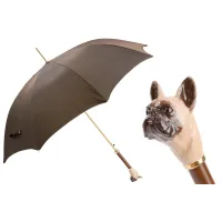 Zdjęcie Piękny stylowy brązowy parasol męski z rączką w kształcie głowy buldoga francuskiego – Pasotti