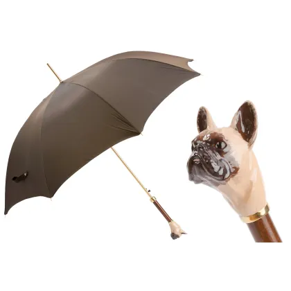 Picture A beautiful, stylish brown men's umbrella with a handle in the shape of a French bulldog's head - Pasotti