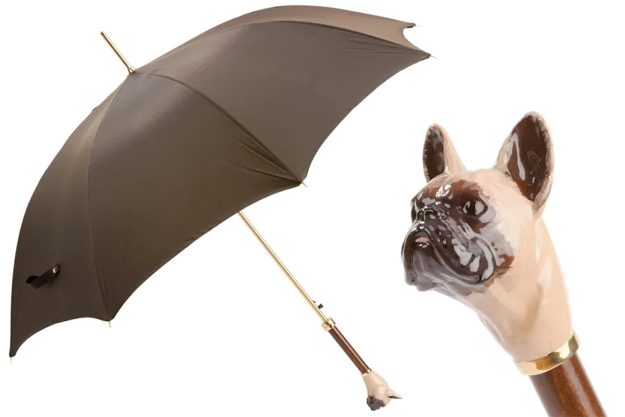 obrazek 1 Piękny stylowy brązowy parasol męski z rączką w kształcie głowy buldoga francuskiego – Pasotti