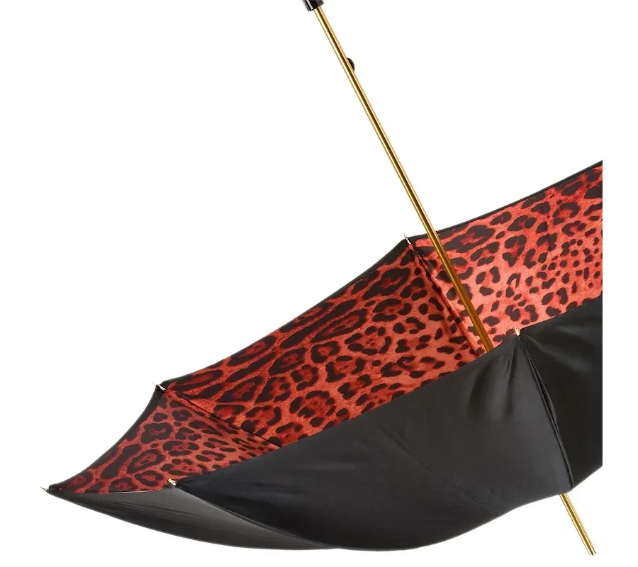 obrazek 6 Ekskluzywny czarny parasol damski zdobiony wzorem skóry leoparda na czerwonym tle – Pasotti