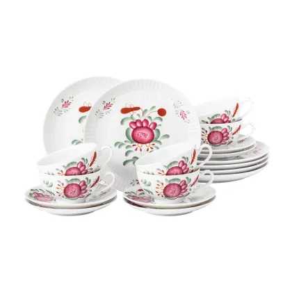 Zdjęcie Piękny 18-elementowy porcelanowy zestaw do herbaty zdobiony motywem róży – Tettau