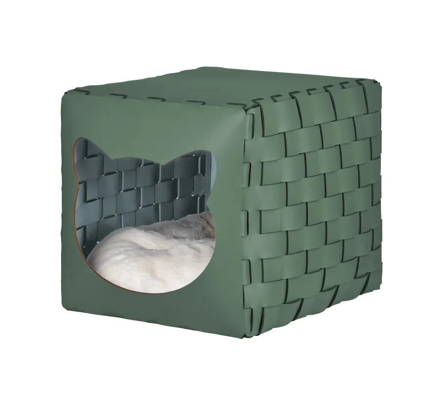 obrazek 1 Pleciony skórzany domek dla kota 35x40x35 cm w kolorze eukaliptusa
