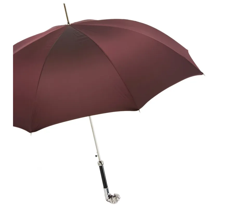 obrazek 8 Piękny stylowy parasol męski w kolorze bordowym z rączką w kształcie srebrnego buldoga - Pasotti