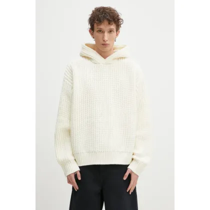 Zdjęcie MKI MIYUKI ZOKU sweter z domieszką wełny Chunky Rib Knit Hoody męski kolor beżowy CHUNKY.RIB.KNIT.HOODY.O