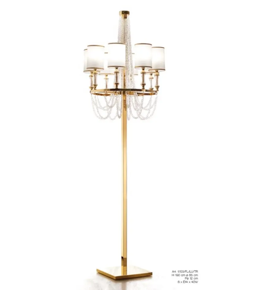 obrazek 1 Lampa podłogowa z mosiądzu z rzędami kryształowych pereł z abażurami z białej błyszczącej organzy - Il Paralume Marina