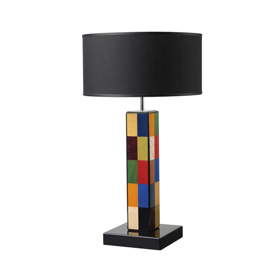 obrazek 2 Ekskluzywna lampa stołowa z ciemnym kloszem z drewna i inkrustowanego forniru