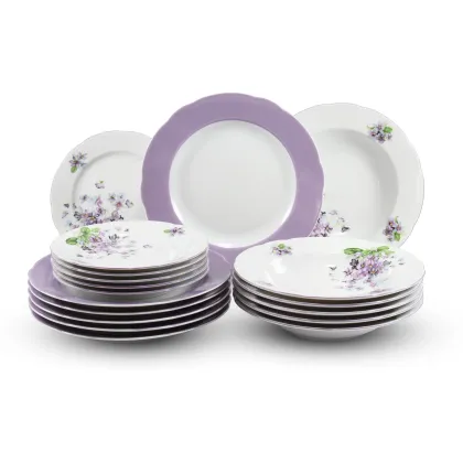 Zdjęcie 18-elementowy stylowy zestaw talerzy z porcelany zdobiony kwiatami fiołków – Leander