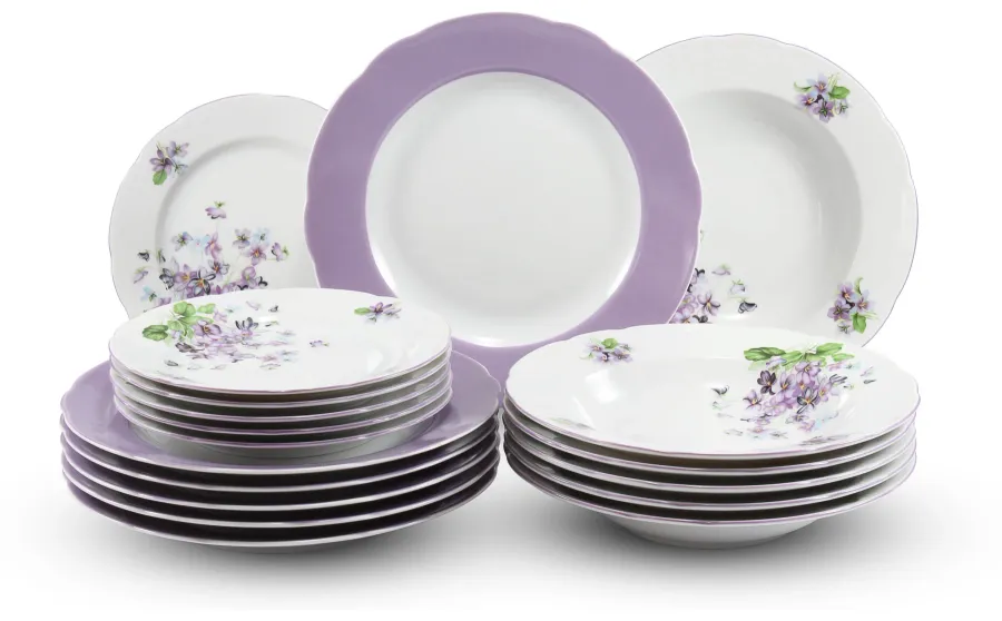 obrazek 1 18-elementowy stylowy zestaw talerzy z porcelany zdobiony kwiatami fiołków – Leander