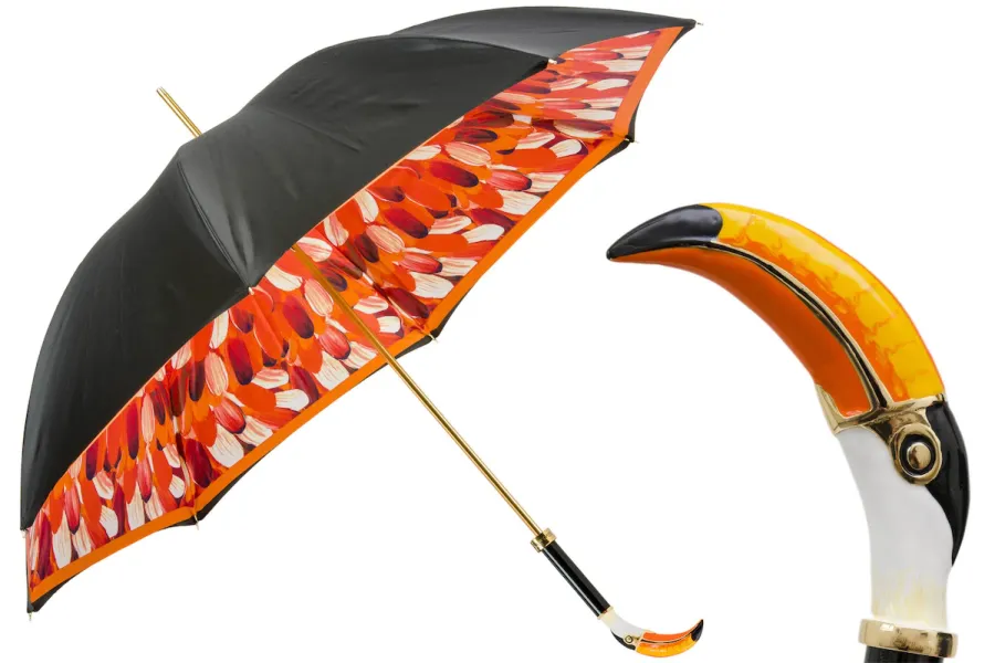 obrazek 1 Oryginalny czarno pomarańczowy parasol damski z piękną rączką zdobioną głową tukana – Pasotti